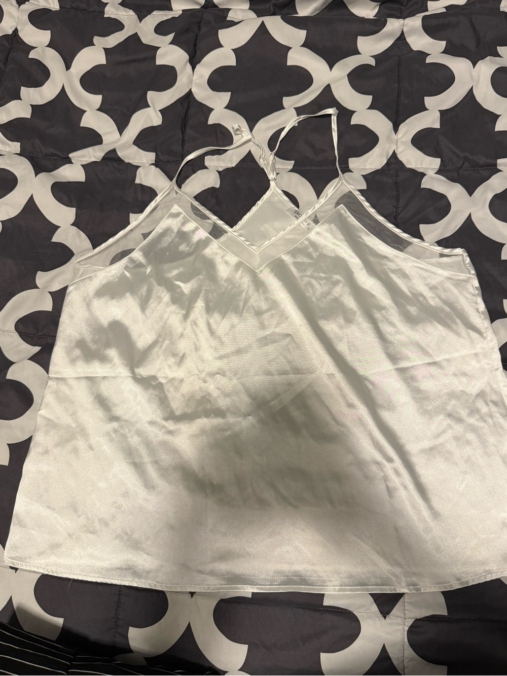 NWOT Satin V-Neck White Camisole Top with Sheer Lace Accents